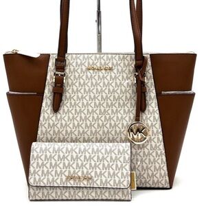 Michael Kors Large Charlotte Tote Bag & Trifold Wallet Vanilla/Brown